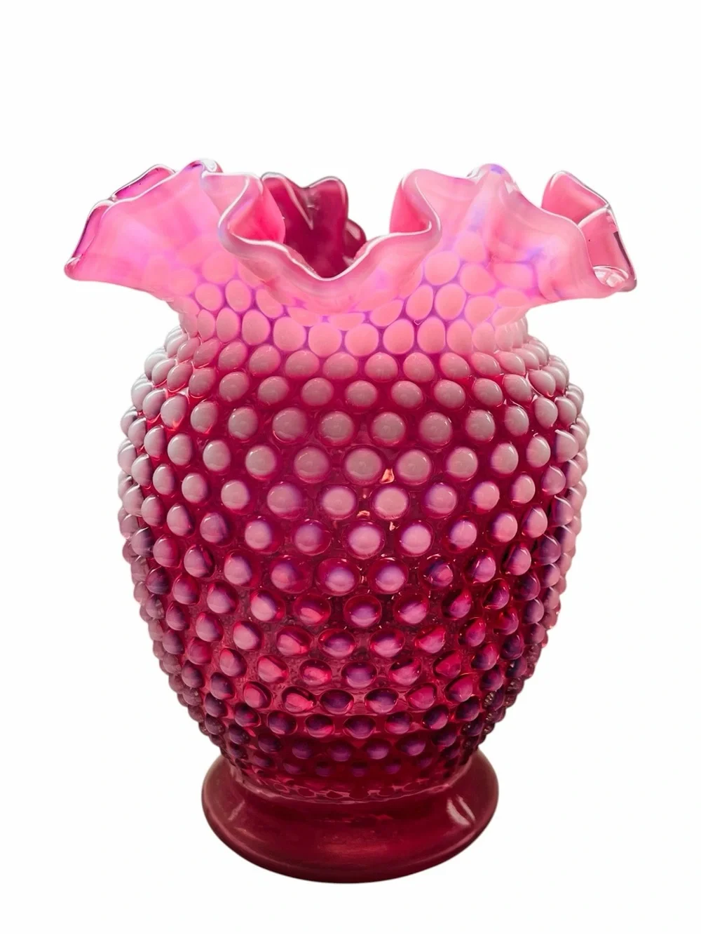 Vintage Fenton Cranberry Opalescent Glass Hobnail Crimped Vase